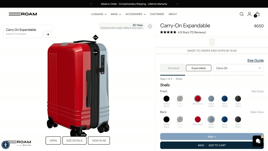 Roam Luggage — Build-for-you carry-on customizer